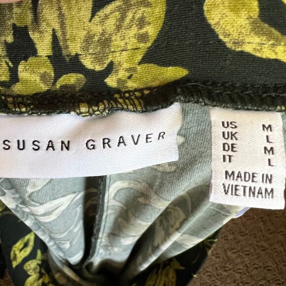 Susan Graver Green Floral Pants Liquid Knit Wide Leg Pull On Boho Coastal Medium - Picture 6 of 7